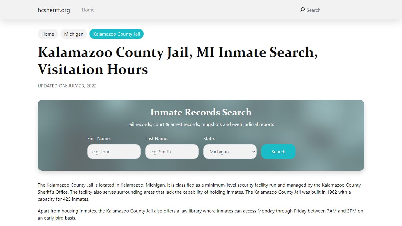 Kalamazoo County Jail, MI Inmate Search, Visitation Hours